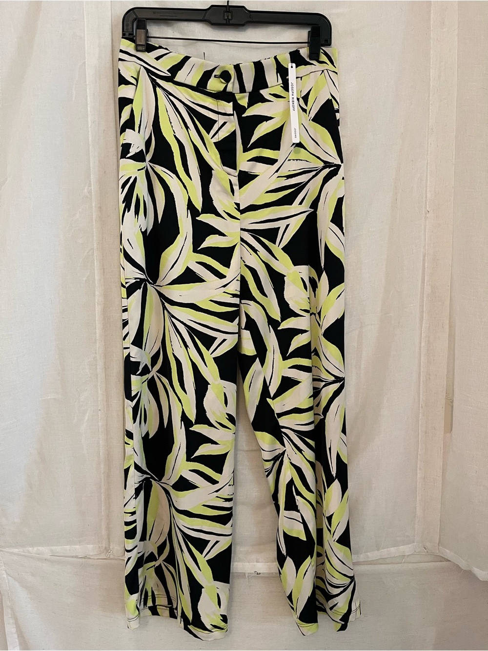 Joseph Ribkoff Black, White & Lime Leaf-Print Wide-Leg Trousers